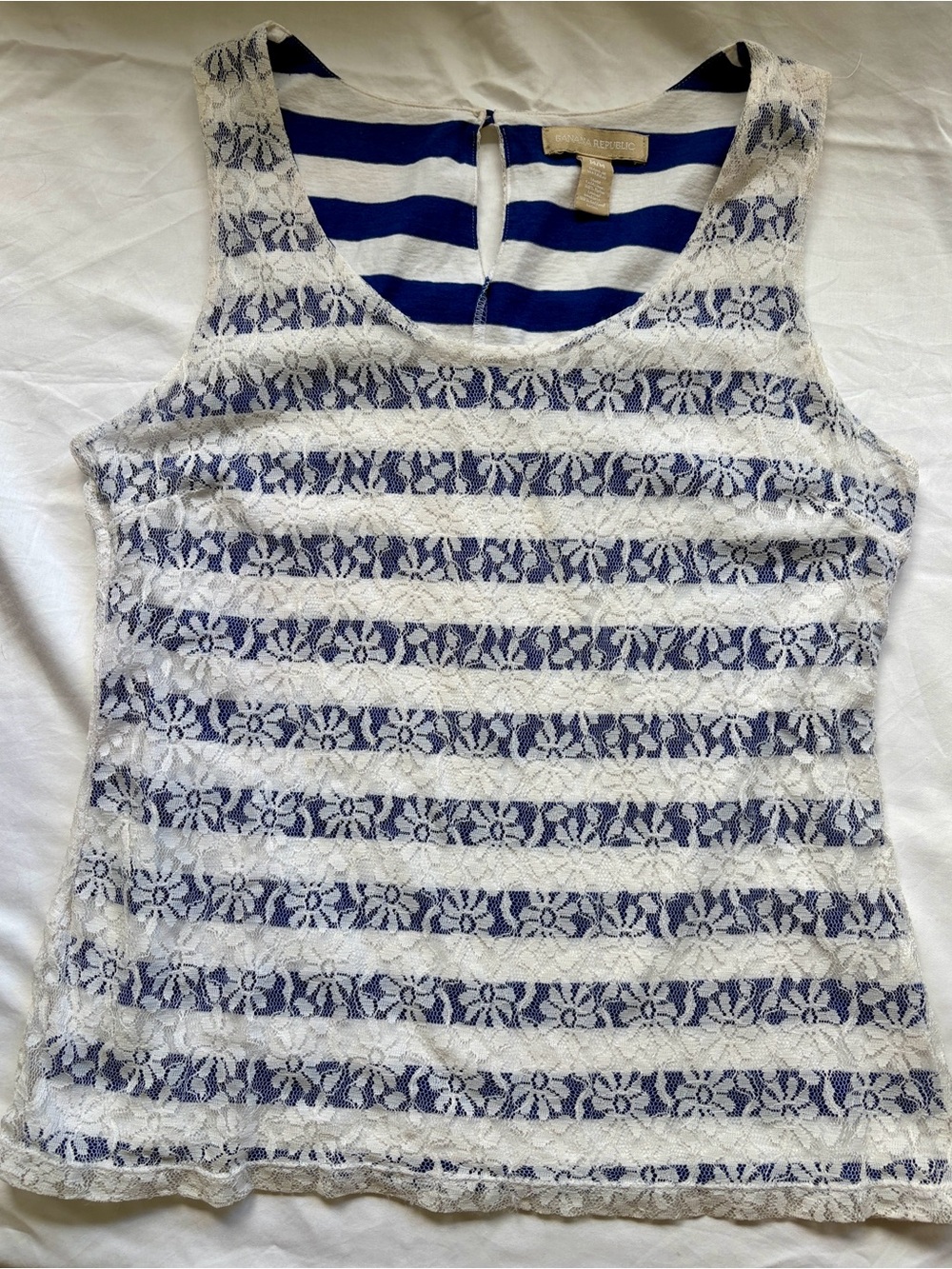 Banana Republic Sleeveless Navy & White Stripe Tank Top with White Lace Overlay